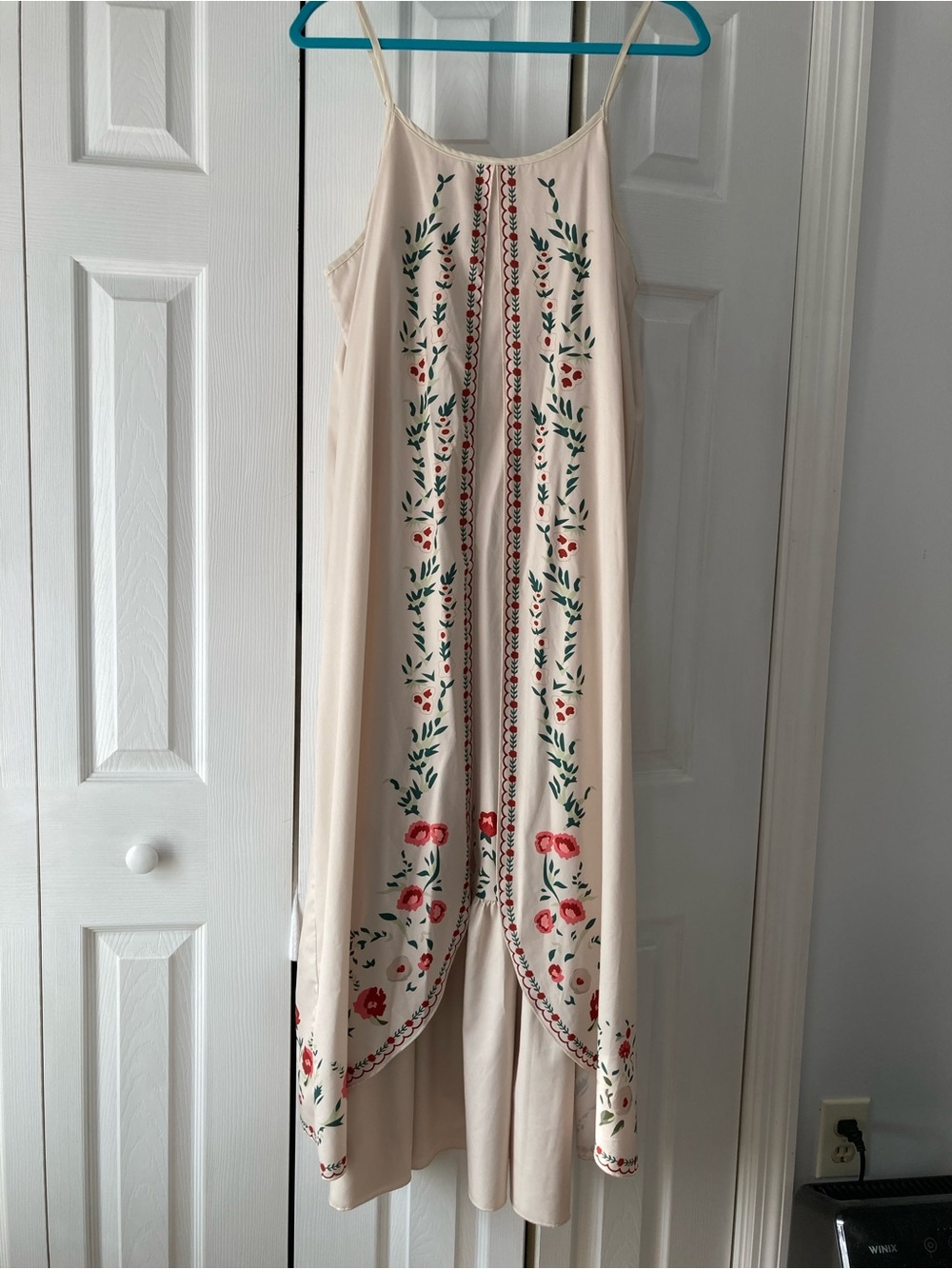 Cream Floral-Embroidered Maxi Dress with Spaghetti Straps